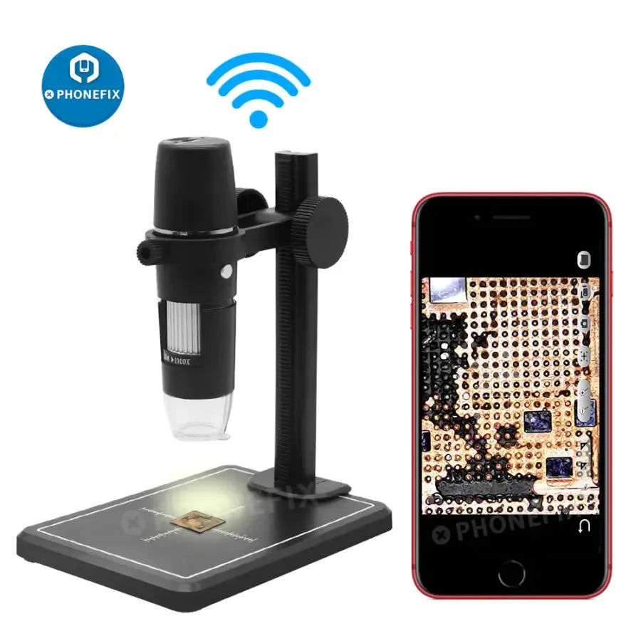 PHONEFIX digital microscope camera with 1000X magnification, 8 LED lights, WiFi endoscope for detailed inspection and magnification.