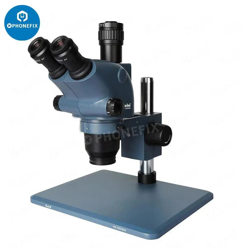 PHONEFIX KS-36565A 6.5-65X HD zoom trinocular microscope for phone repair, with adjustable lenses and ergonomic design.