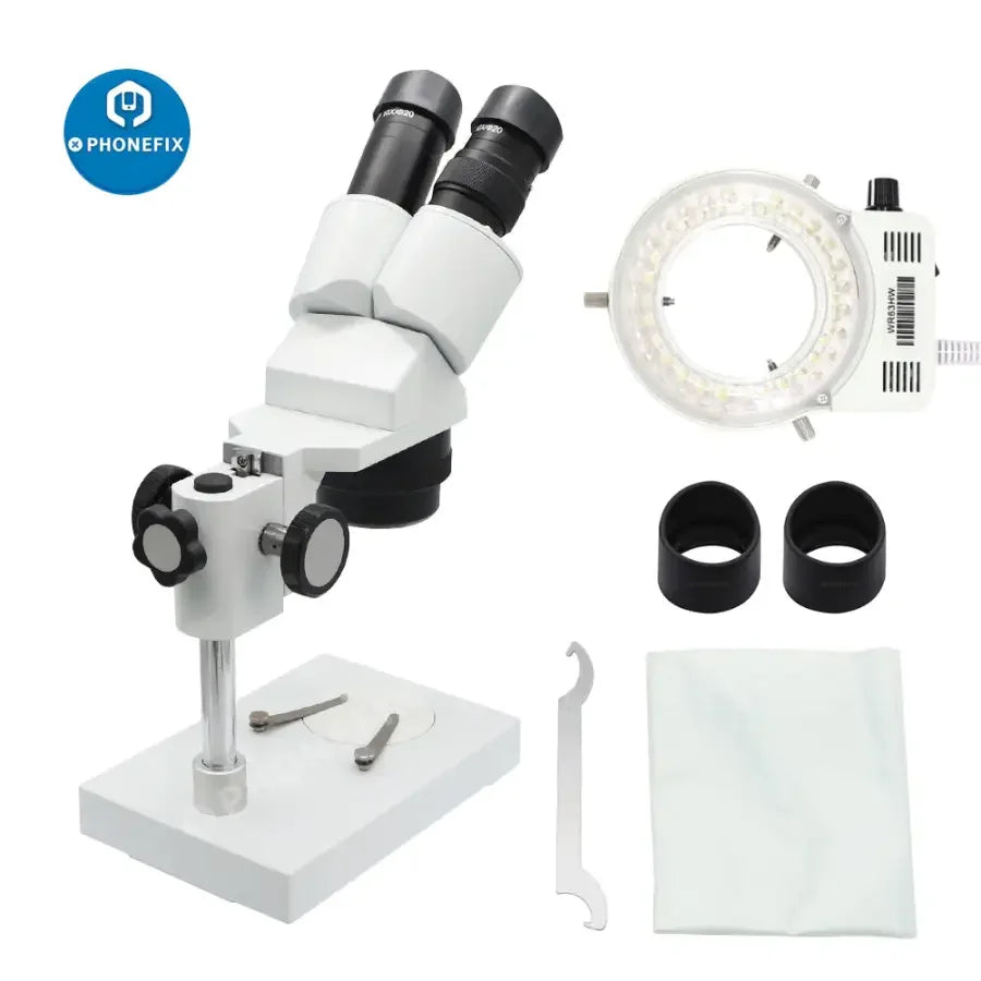PhoneFix 20X-40X binocular stereo microscope with LED light showing the microscope body and eyepieces for detailed viewing.