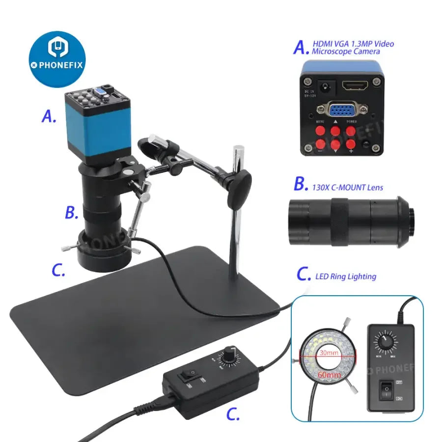 13MP industrial microscope with 130x lens, 40 LED light, super clamp, and accessories for detailed microscopic observation.