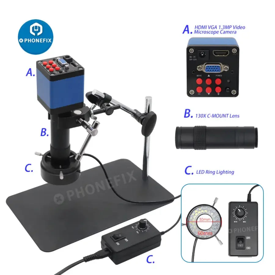 13MP industrial microscope with magic arm, 130X lens, and super clamp for detailed close-up inspection by PHONEFIX.
