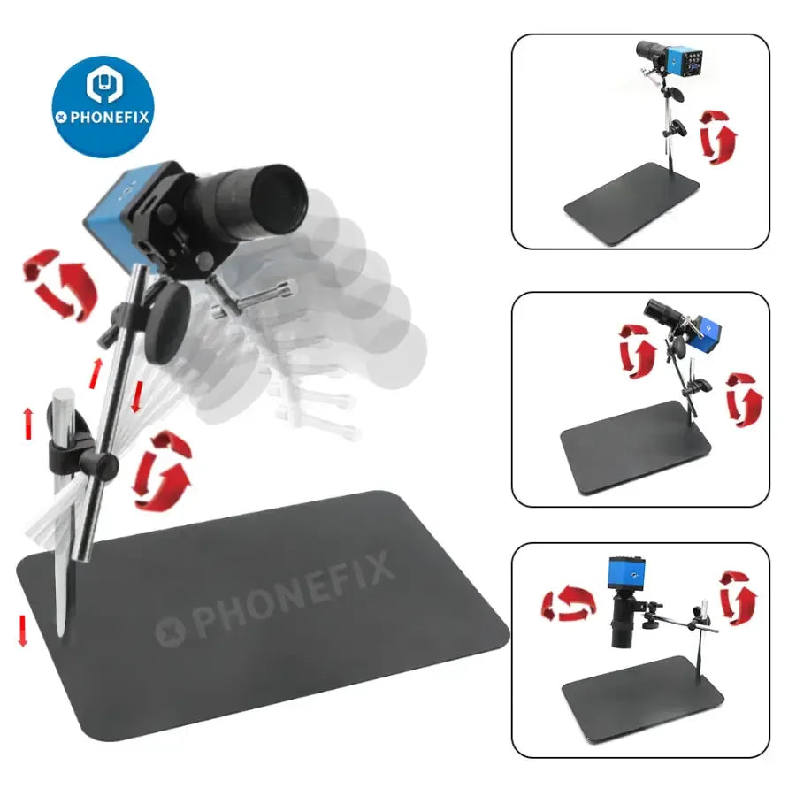 13MP industrial camera with magic arm and 130X lens, mounted on a super clamp for microscope inspection, by PHONEFIX.
