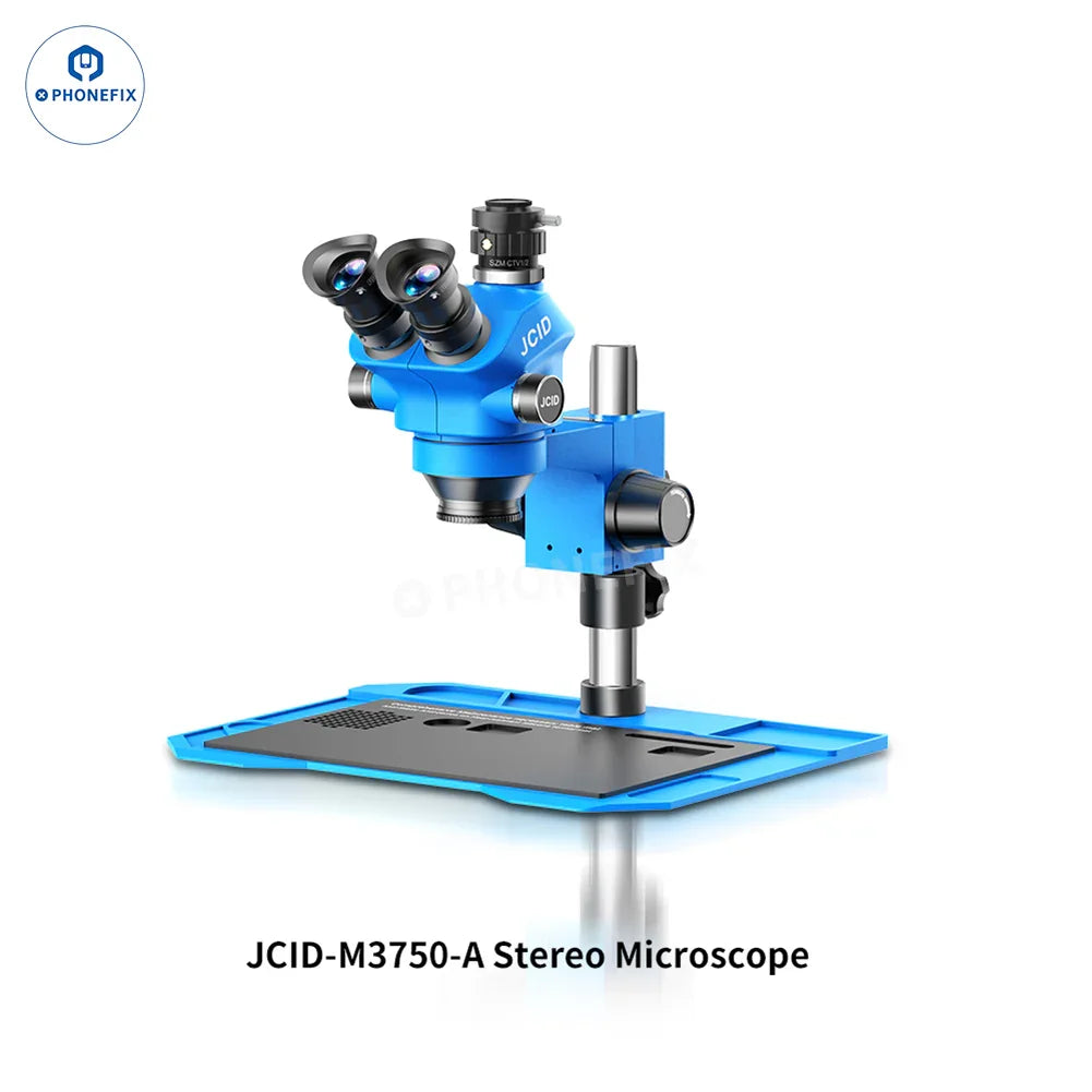 JCID M3750A 7-50X trinocular stereo microscope by PHONEFIX with optical and digital features, showing the microscope's eyepieces and body.