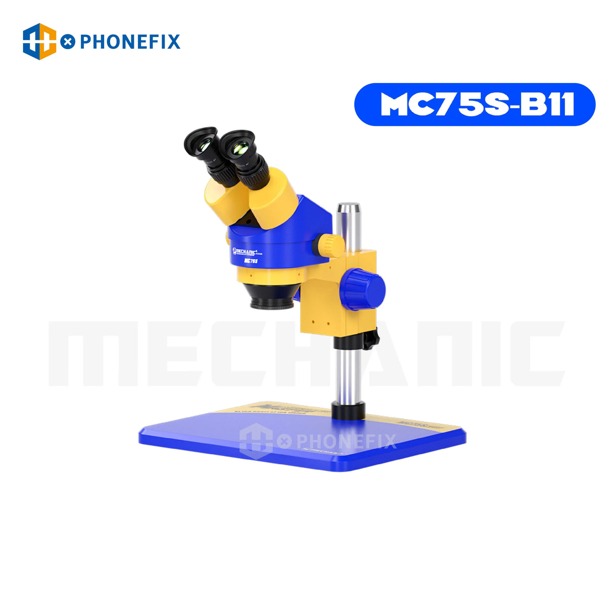 PhoneFix MECHANIC MC75S-B11 binocular stereo zoom microscope used for phone repair inspection.