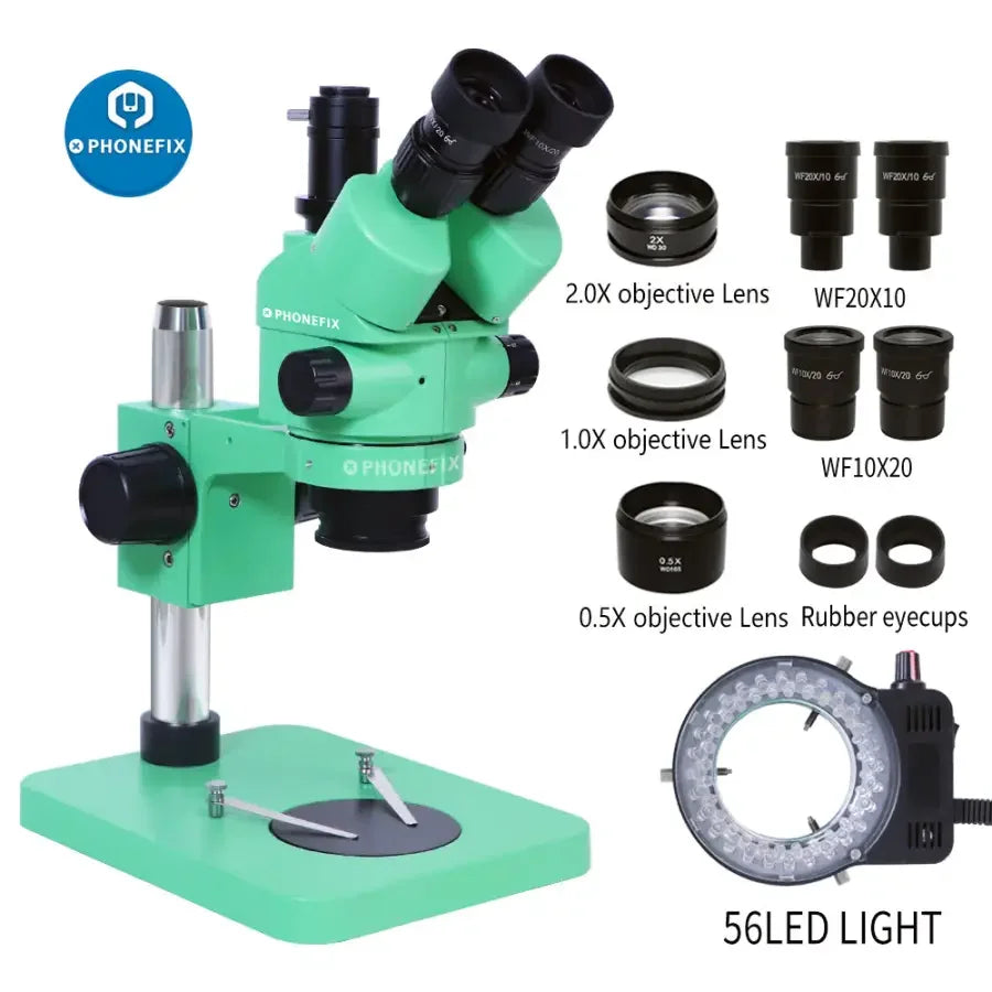 Green trinocular stereo zoom microscope with 3.5X-180X magnification, used for phone PCB repair, branded PHONEFIX.