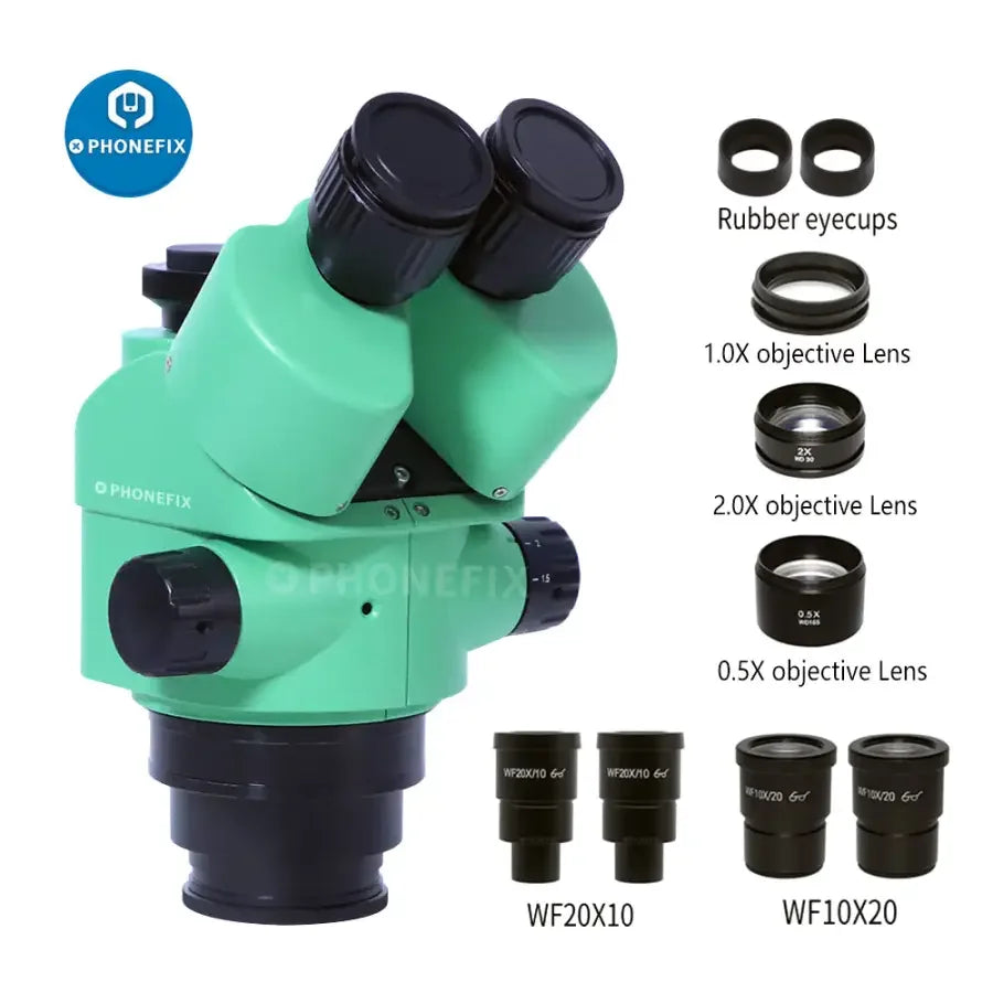 PHONEFIX 3.5X-180X Simul-focal Green Trinocular Zoom Stereo Microscope Head showing adjustable eyepieces and green focus ring