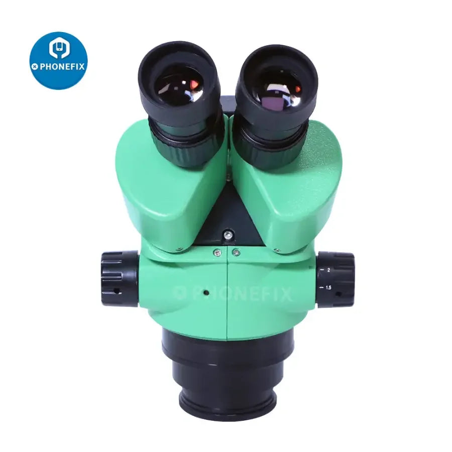 Simul-focal green trinocular zoom stereo microscope head with 3.5x-180x magnification, designed for detailed scientific observation.