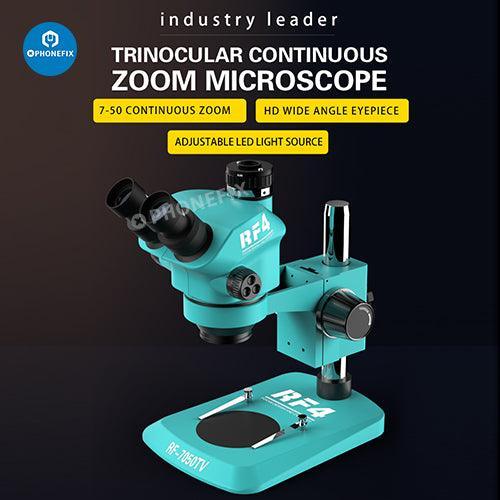 RF4 7-50X Trinocular Zoom Stereo Microscope by PHONEFIX used for phone PCB repair, showing adjustable magnification and detailed view.