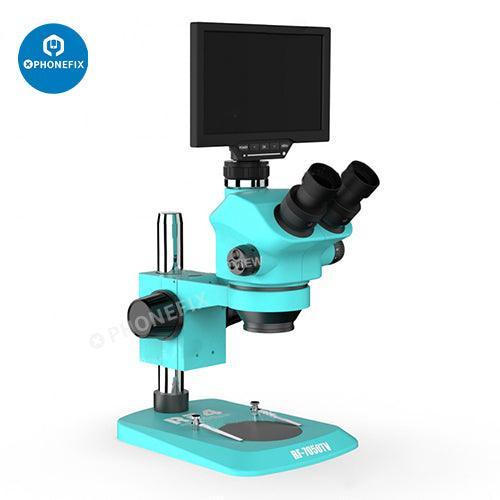 PHONEFIX 6.5-65X 7-50X zoom trinocular stereo microscope with HD camera and monitor, detailed view of microscope setup.
