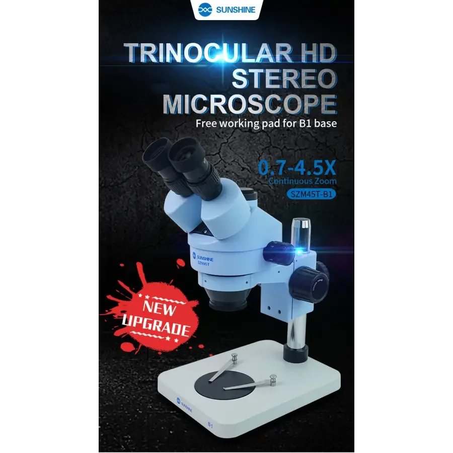 Phonefix 7x-45x SZM45T-B1 trinocular stereo microscope with LED lamp, detailed view of the microscope's eyepieces and illumination system