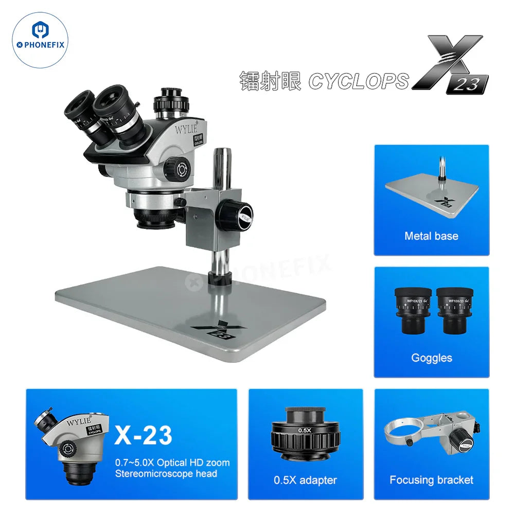 WYLIE X23 7-50X trinocular zoom microscope with 4K camera, featuring adjustable magnification and a sturdy stand.