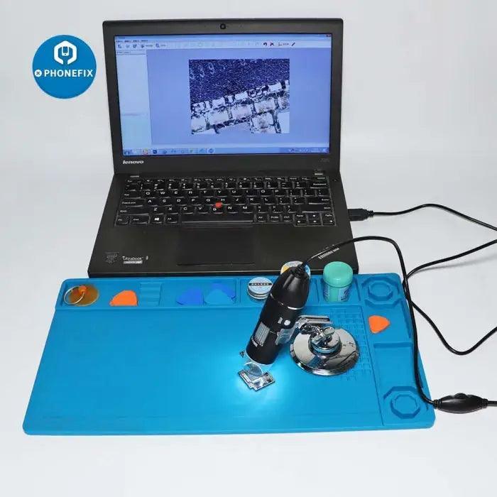 PHONEFIX 1000X magnifier with 8 LED USB digital endoscope, showcasing a compact microscope with adjustable focus and built-in LED lights.