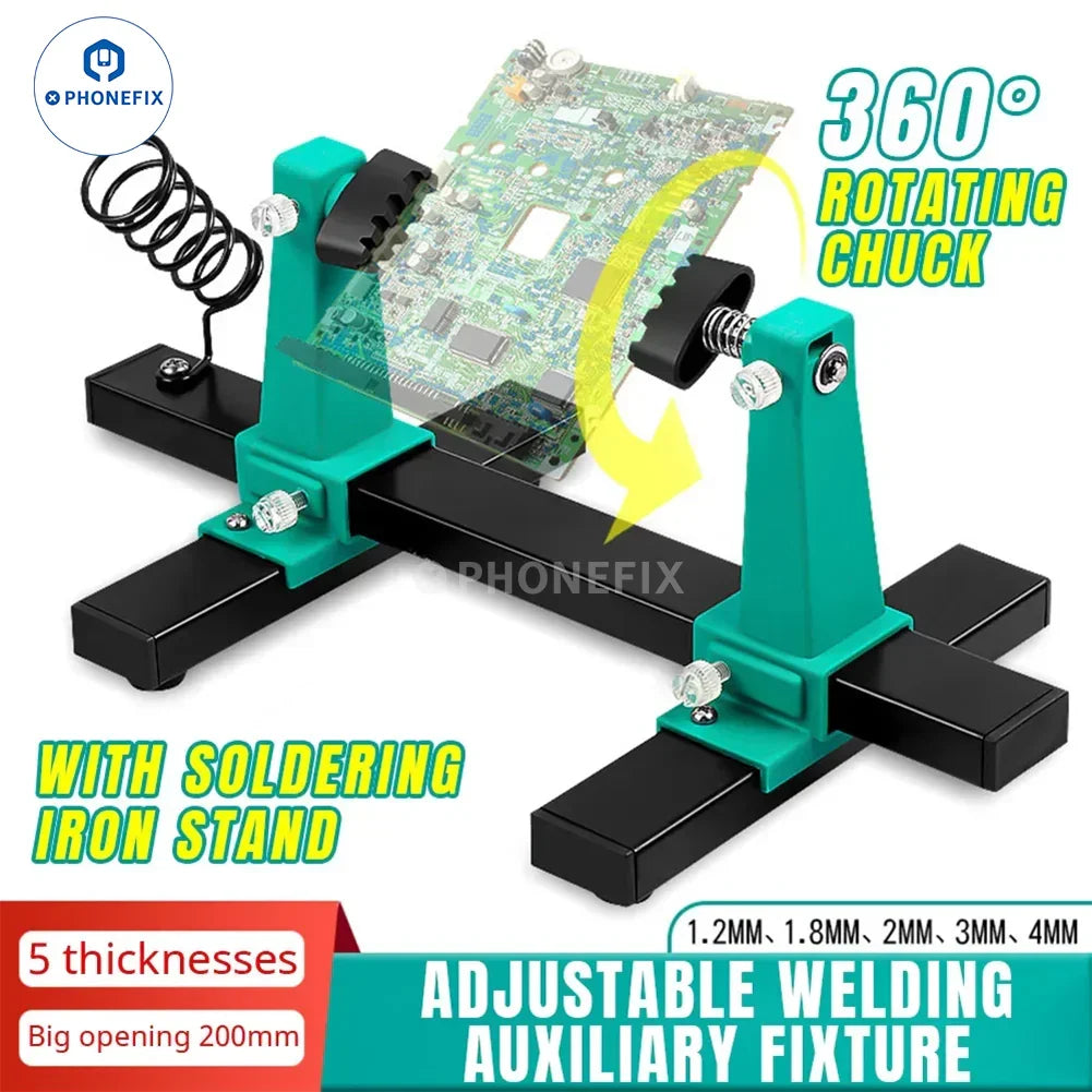 PHONEFIX adjustable motherboard PCB holder assembly clamp for testing and repair, with secure grip and sturdy construction.