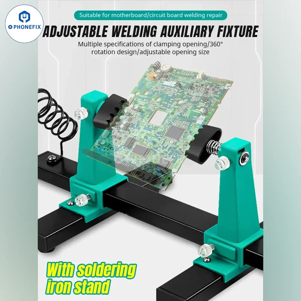 Adjustable PHONEFIX motherboard test fixture with PCB holder assembly, clamp, and repair tools for electronic testing and repair.