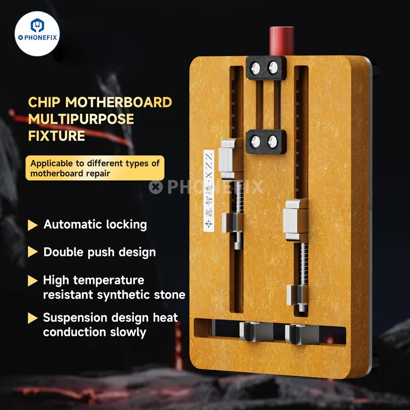 XZZ T2 Chip motherboard fixture by PHONEFIX, dual-axis PCB holder for testing and securing motherboards during repair.