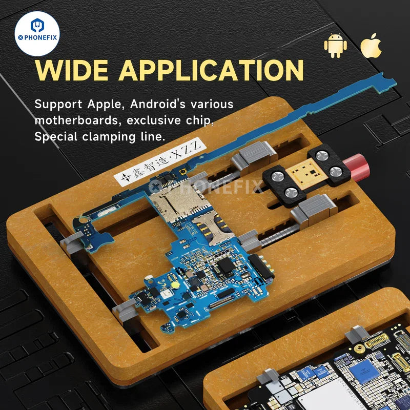 XZZ T2 Chip motherboard fixture by PHONEFIX, dual-axis PCB holder for testing and securing motherboards during repairs.