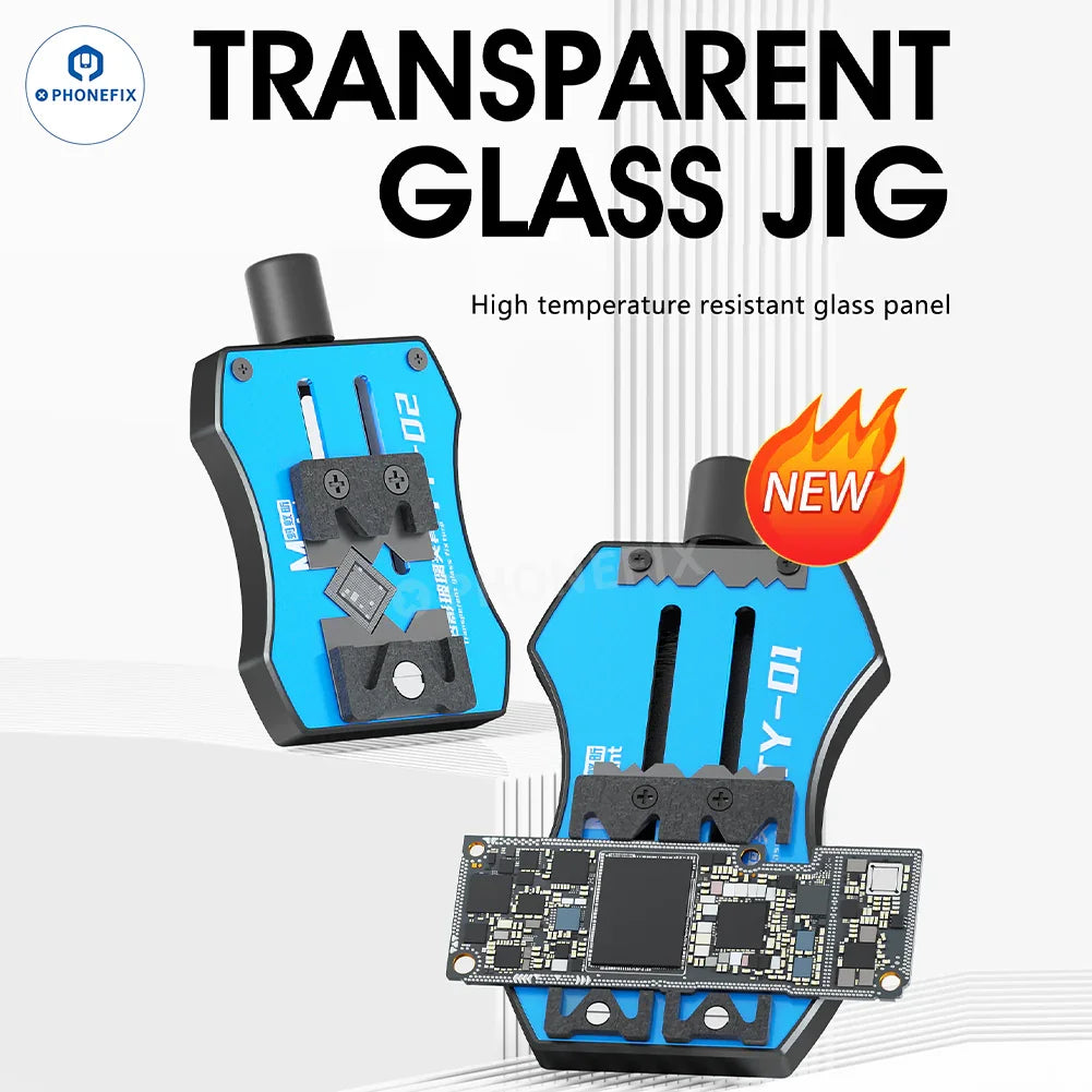 Transparent glass motherboard test fixture with IC clamp, designed for TY-01 and TY-02 models by PHONEFIX.