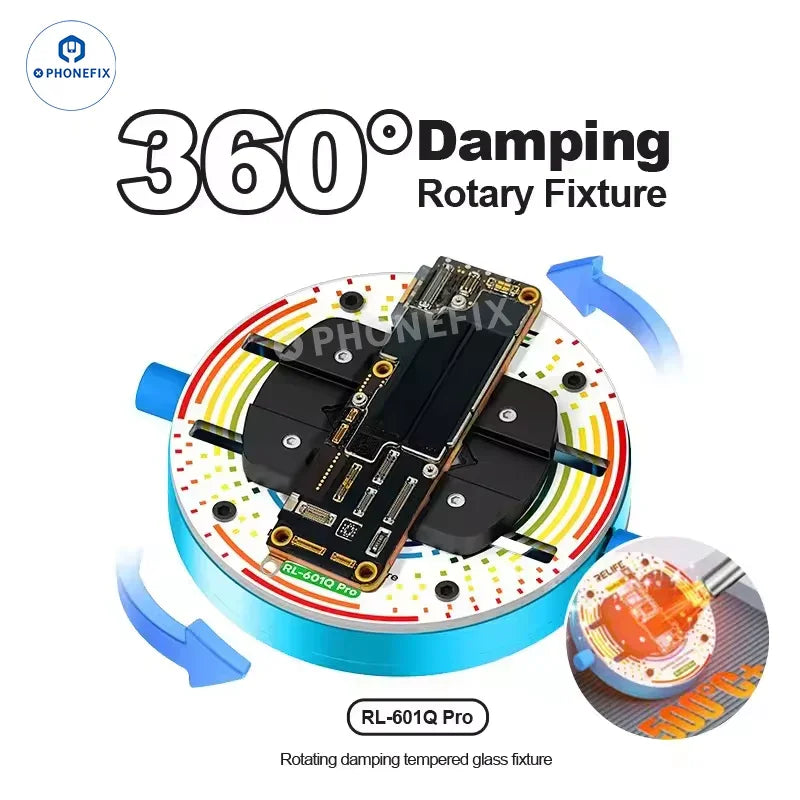 RELIFE RL-601Q PRO rotating glass fixture for phone motherboard testing, with PCB IC welding clamp, used for precise IC placement.