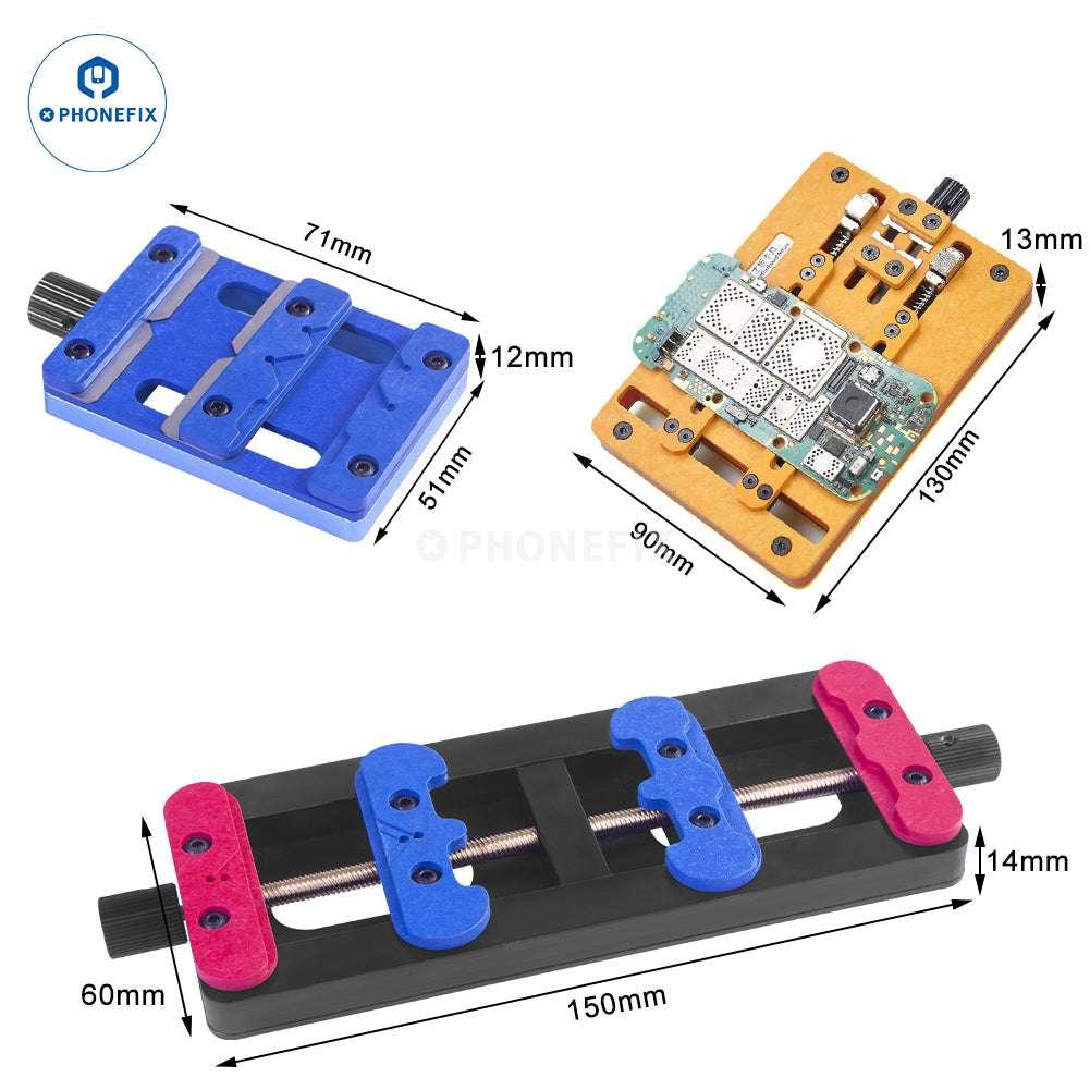 PhoneFix iPhone motherboard test fixture with heat-resistant soldering clamp, designed for precise testing and repair of mobile phone motherboards.
