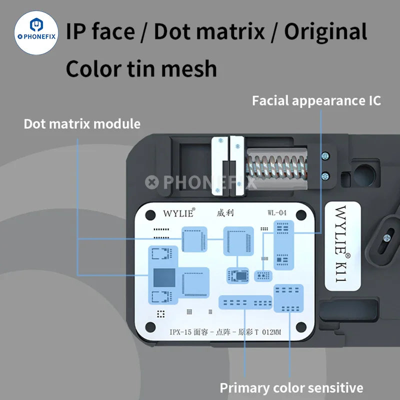 PHONEFIX WYLIE Face ID Dot Matrix Repair Fixture for iPhone X-15 Pro Max motherboard testing and repair.