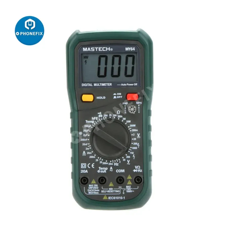 Mastech MY64 digital multimeter with frequency and temperature tester, accessory for precise electrical measurements by PHONEFIX.