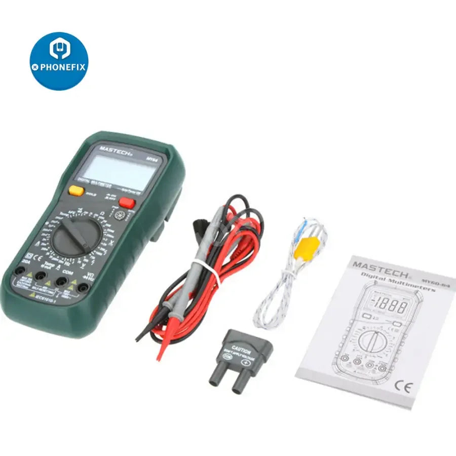 Mastech MY64 digital multimeter with frequency and temperature testing probes, accessory for accurate measurements by PHONEFIX.