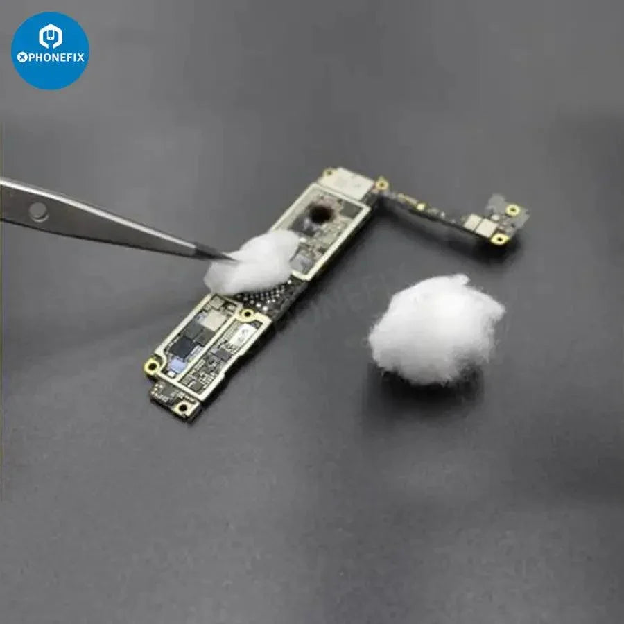 White medical cotton ball from PHONEFIX used for phone motherboard cleaning and repair.