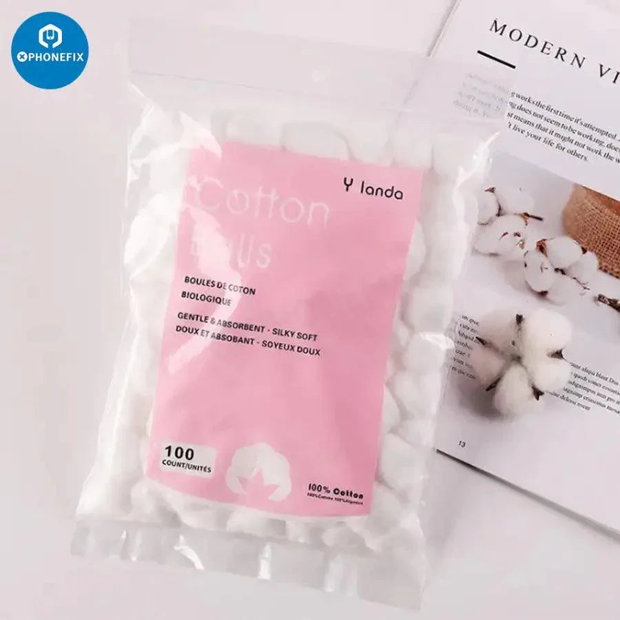 White medical cotton ball for phone motherboard cleaning and repair, made by PHONEFIX, used as an assist tool.