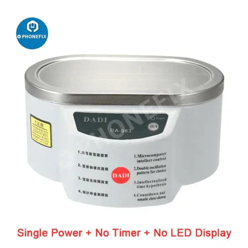 Mini intelligent ultrasonic cleaner for circuit boards, PHONEFIX assist tool, compact device for thorough cleaning of electronic components.