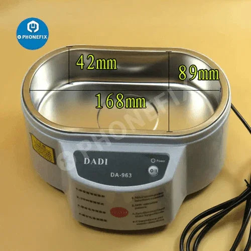Mini PHONEFIX ultrasonic cleaner for circuit boards, compact device used for precise electronic component cleaning.