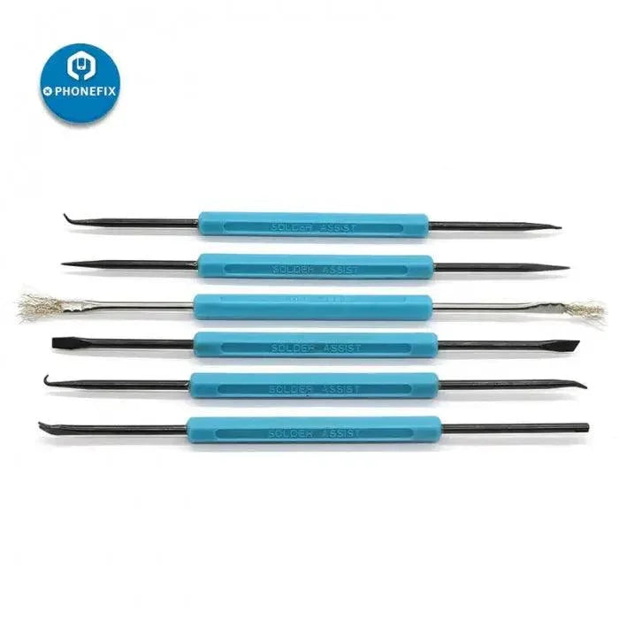 Six-piece desoldering aid tool set from PHONEFIX for PCB soldering and electronic repair, includes auxiliary tools for precise work.