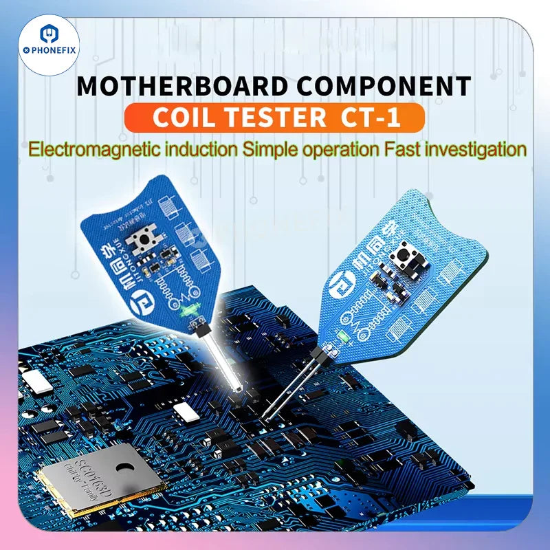 PHONEFIX JTX CT-1 inductor detector tool for phone motherboard coil testing, featuring a compact device with metal probes.