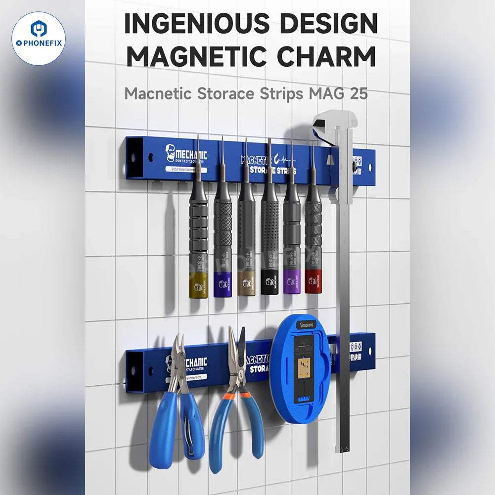 PHONEFIX MECHANIC MAG 25 magnetic storage strip tool holder with strong magnets for organizing small tools and accessories.