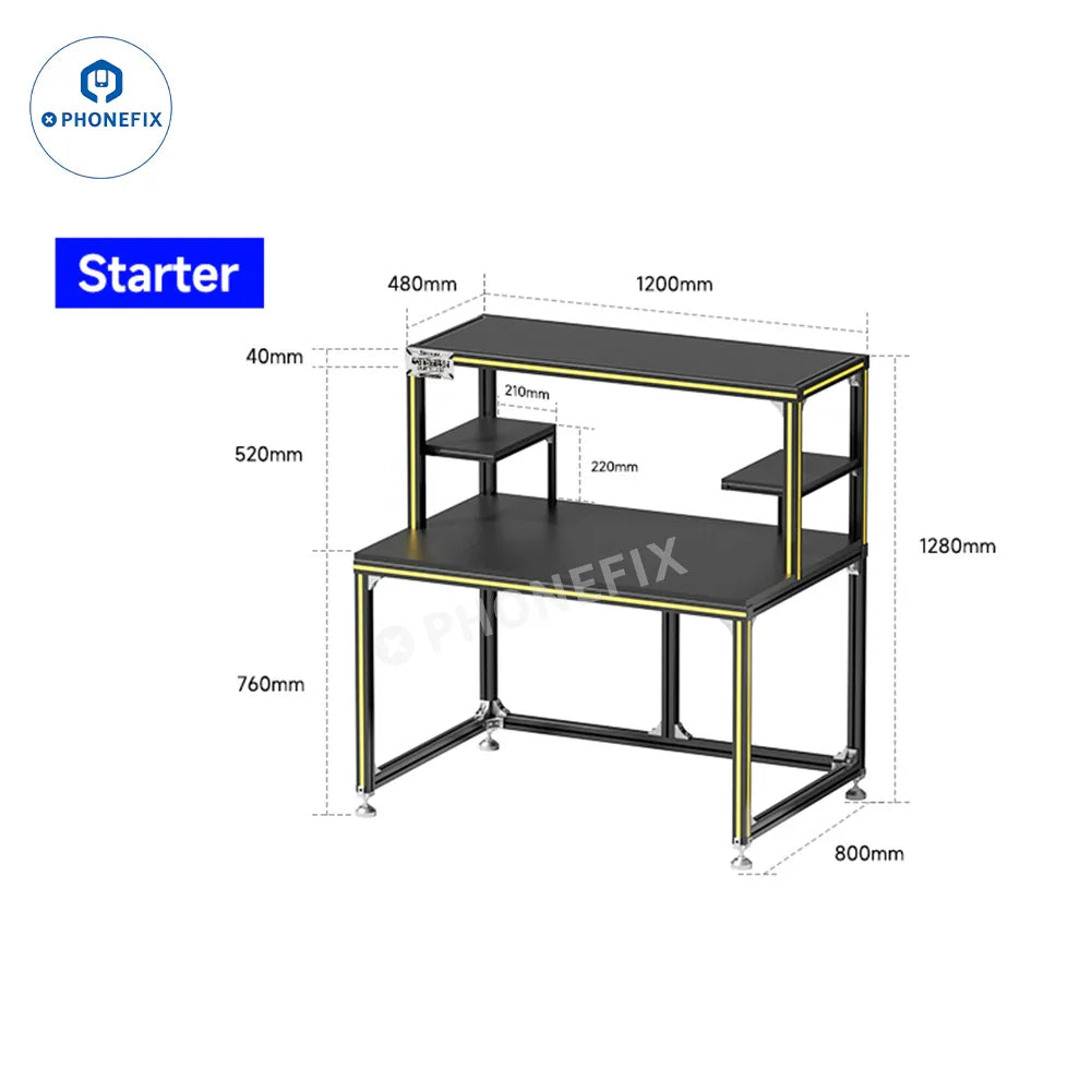 PHONEFIX mechanic mobile phone repair workbench with high brightness LED light, featuring tools and workspace for electronics repairs.