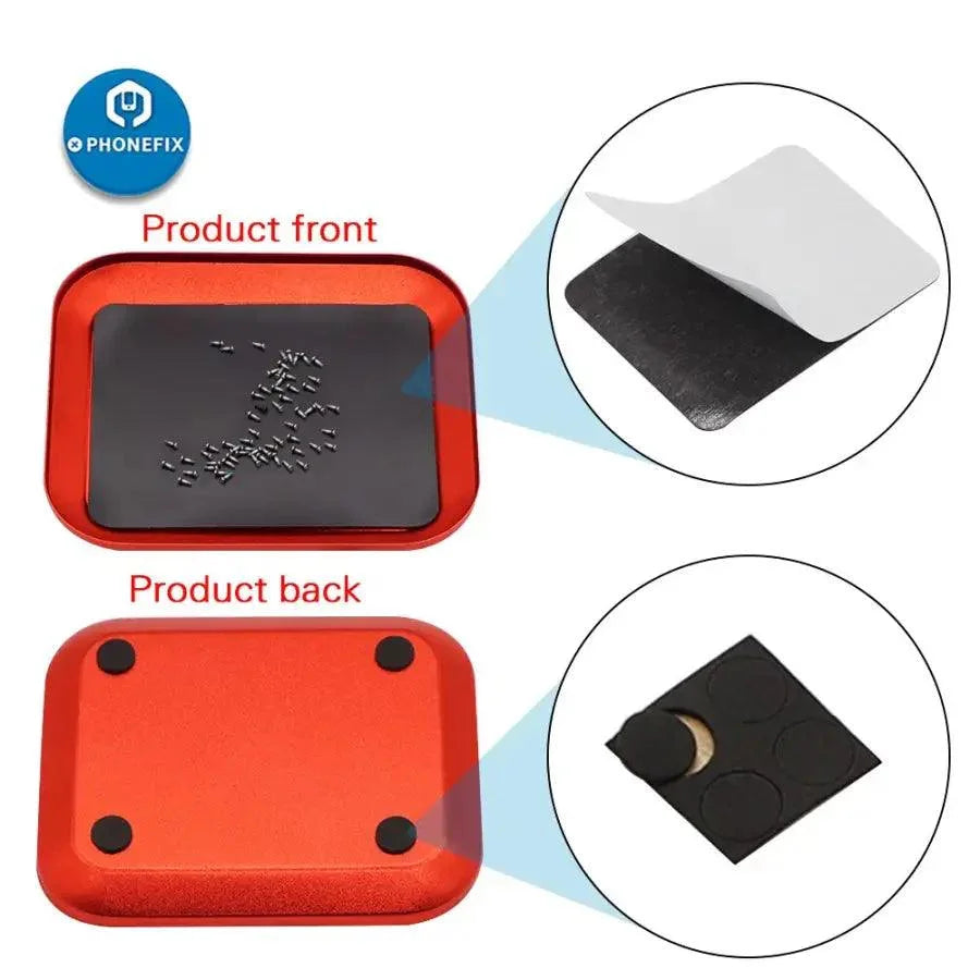 Aluminium alloy magnetic screw tray plate for RC phone repair by PHONEFIX, helping organize small screws and tools during repairs.