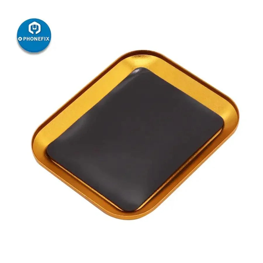 Aluminium alloy magnetic screw tray plate from PHONEFIX for RC phone repair, used to organize small screws and repair tools.