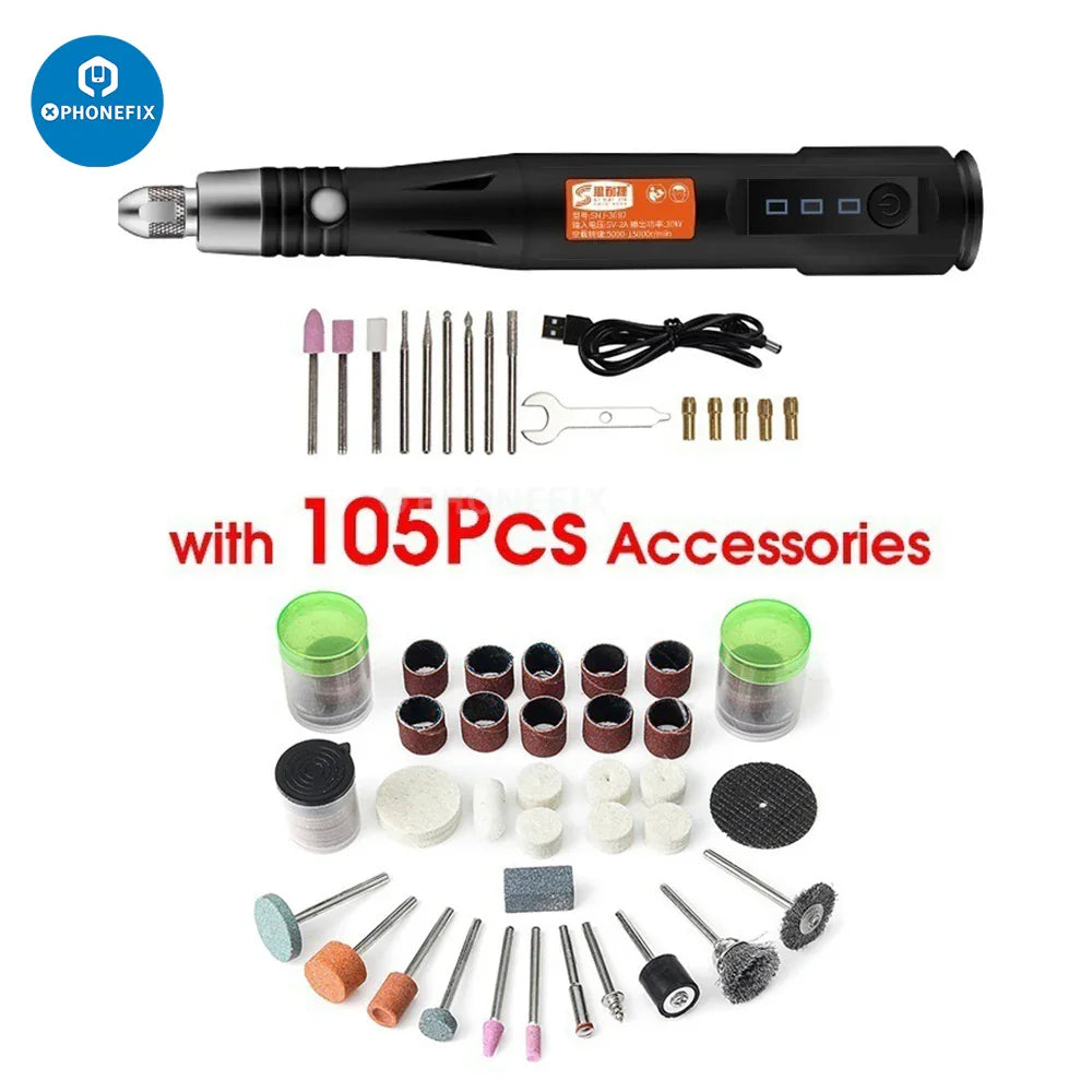 PHONEFIX DIY small electric micro engraving pen and rotary carving tool kit for PCB grinding and detailed electronic work.