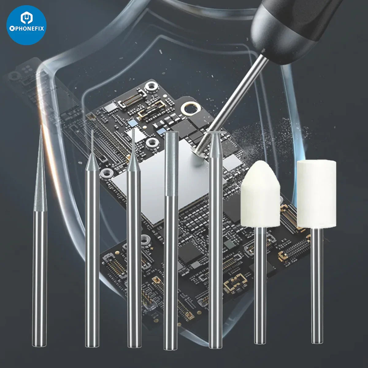 PHONEFIX universal grinding head replacement for electric polishing pen, PCB grinding tool for precise electronic component polishing.