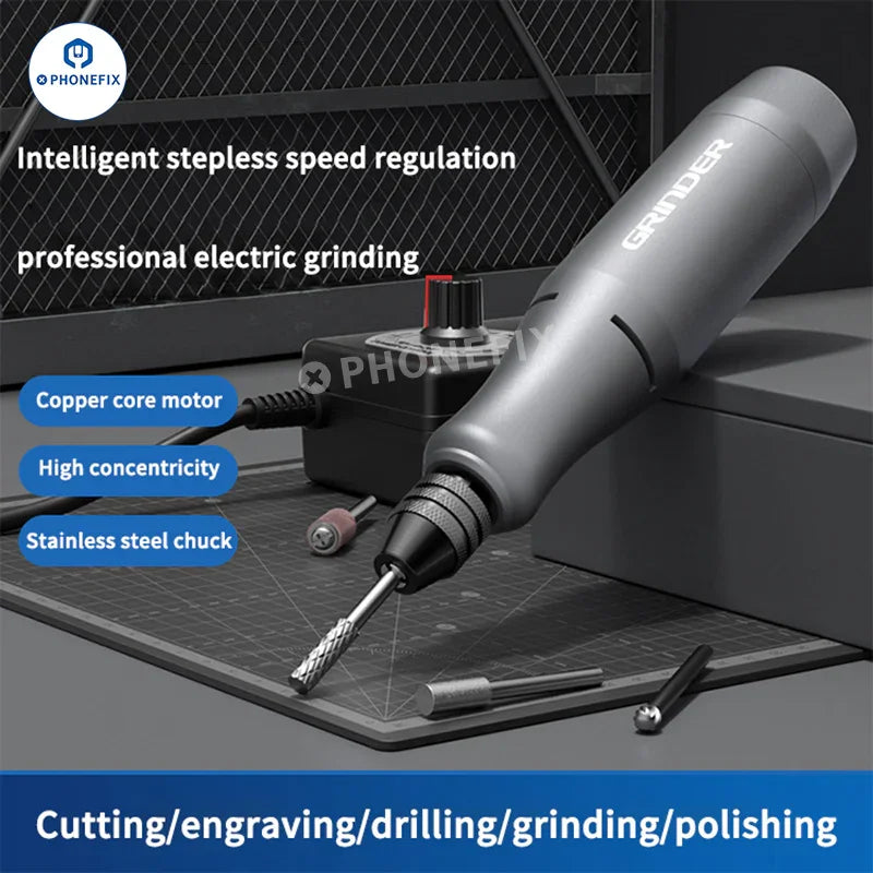 PhoneFix E288-02 mini electric handheld grinding machine for PCB polishing, showing the compact IC polishing pen in use.