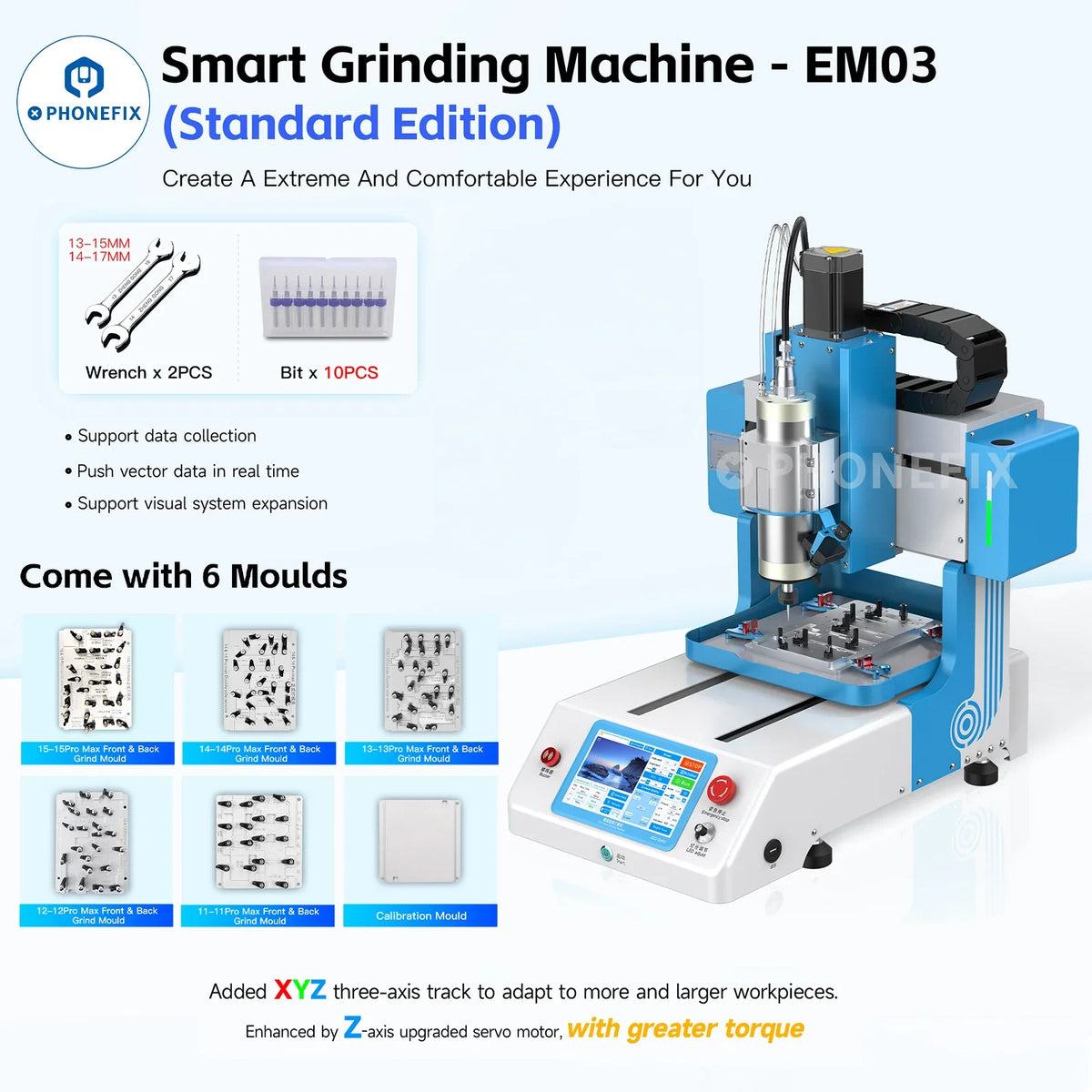 PHONEFIX JC CNC Grinder EM03 PCB grinding tool for iPhone PCB and IC repair, featuring precise CNC machining and compact design.