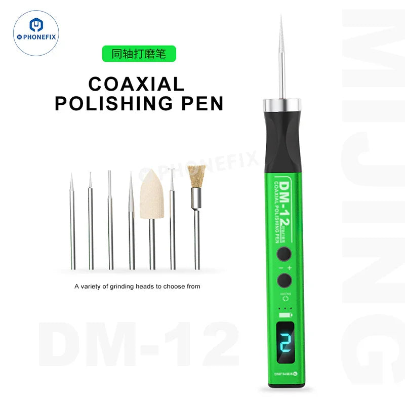 PhoneFix MIJING DM-12 coaxial polishing pen for phone PCB IC grinding, featuring a compact handheld design with grinding tip.