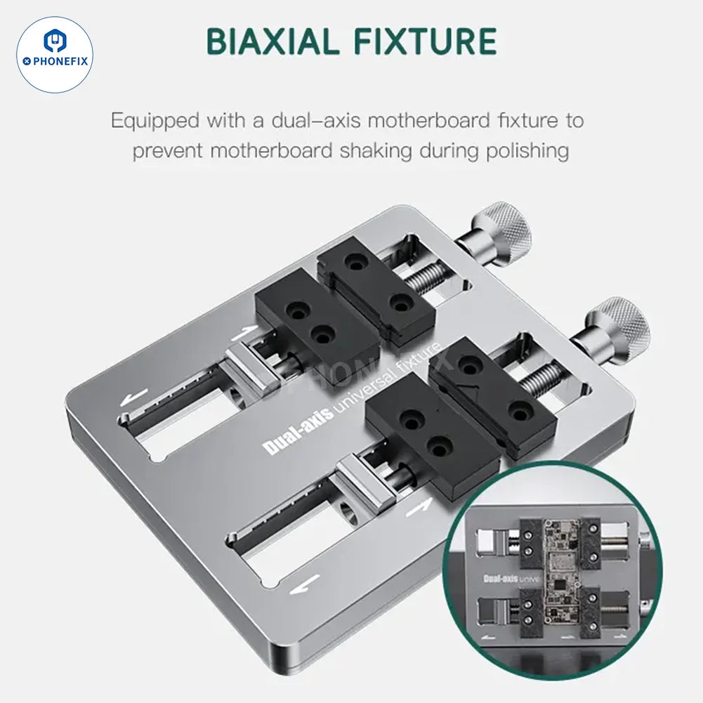 PhoneFix TBK 928 PCB grinding tool for smartphone motherboards with CPU chip grinding machine, showing the device and grinding components.