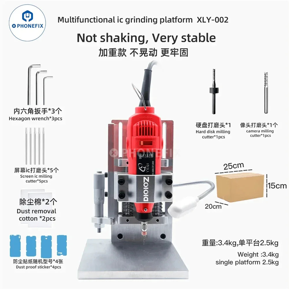 PhoneFix G+OCA Pro XLY-001 camera ring screen IC grinding and polishing platform for PCB repair and electronics assembly.