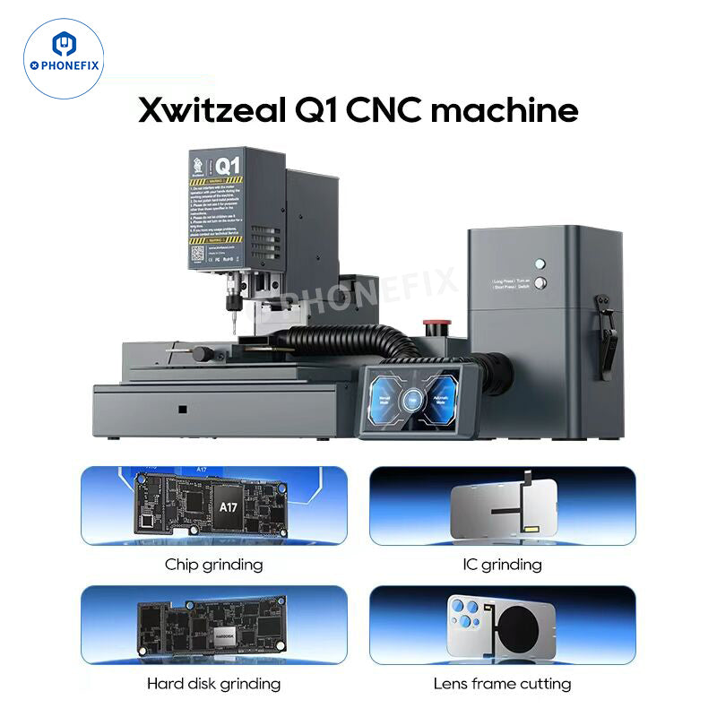 Xwitzeal Q1 CNC grinder phone camera PCB chip grinding machine by PHONEFIX, showing detailed grinding tool and precision components.