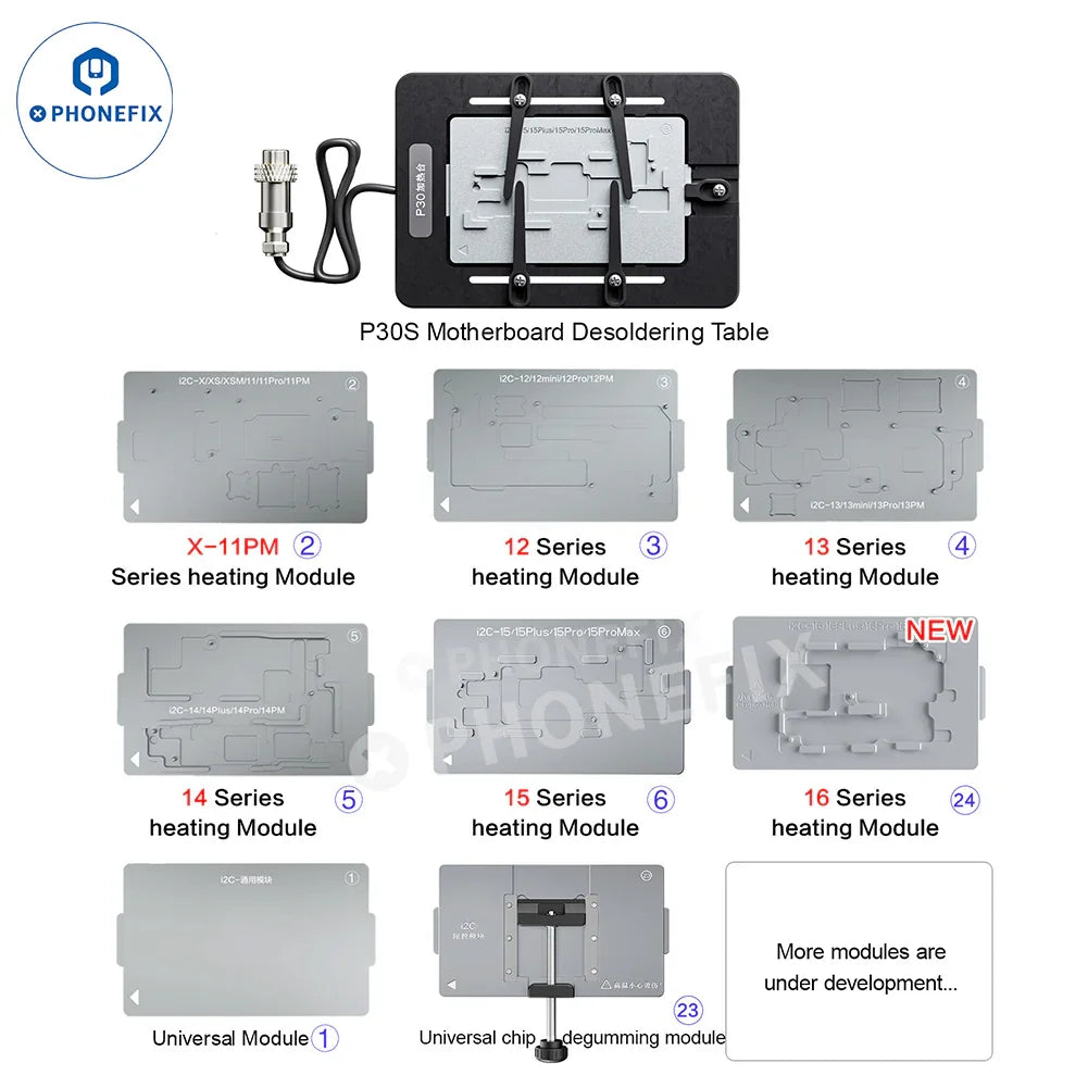 i2C P30S PCB heating and desoldering platform for iPhone X to 16 Pro Max by PHONEFIX, shown with desoldering components.