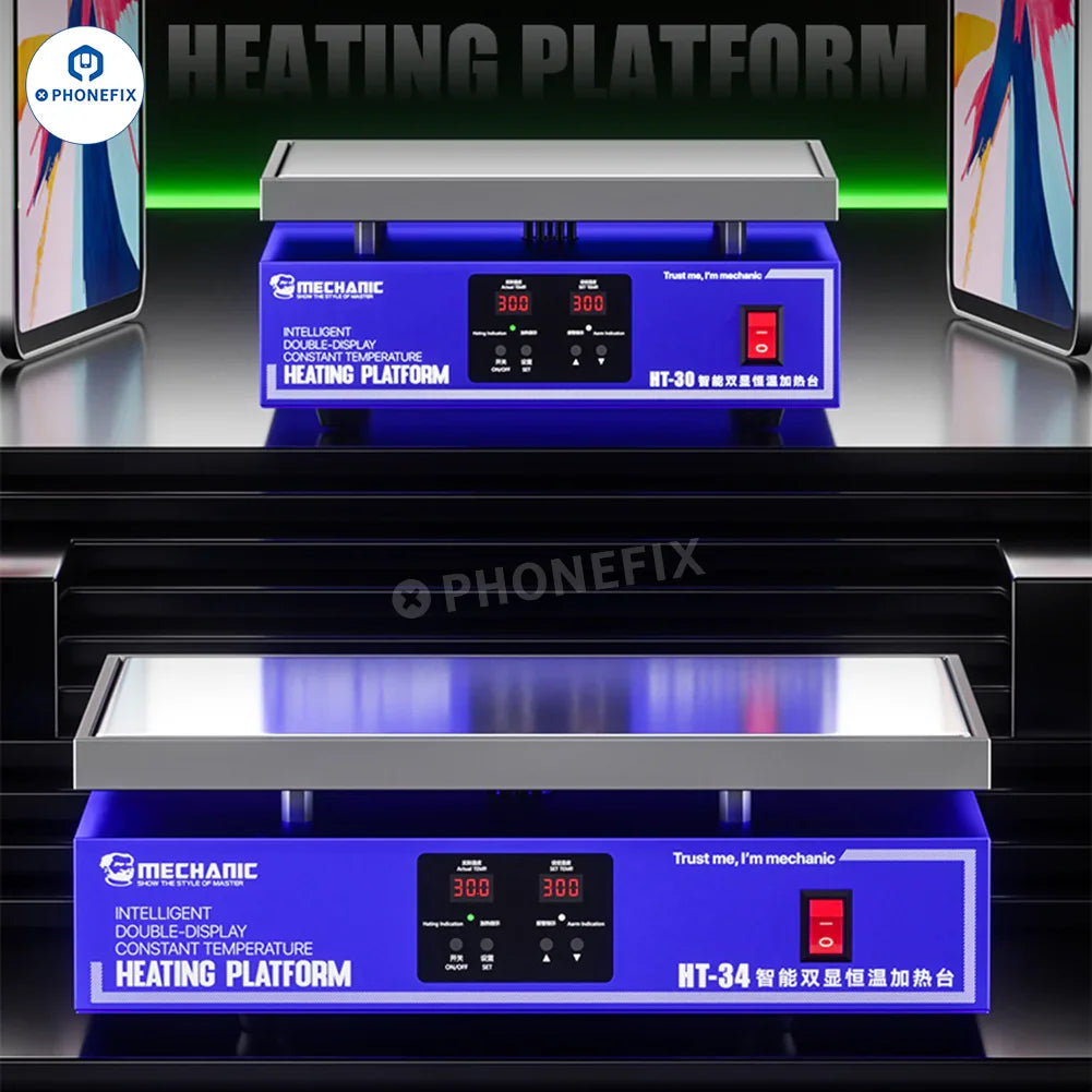 PHONEFIX MECHANIC HT-30 HT-34 dual-display thermostatic heating station with PCB heating platform for precise temperature control.
