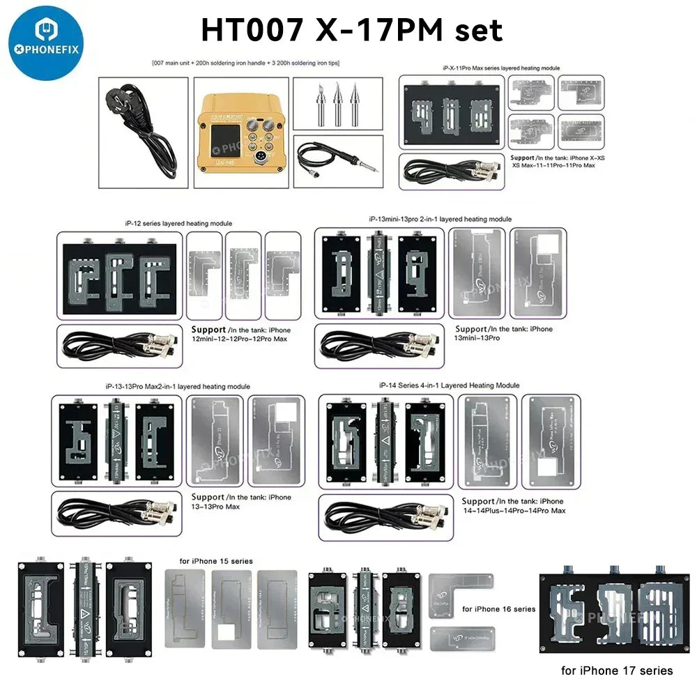 PHONEFIX HT007 motherboard layered soldering station with PCB heating platform for iPhone X to 17 Pro Max repair.