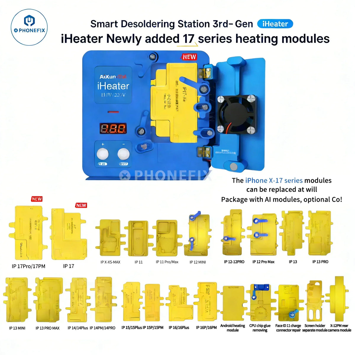 PHONEFIX JC iHeater desoldering station PCB heating platform for motherboard face ID repair, showing the heating plate in use.