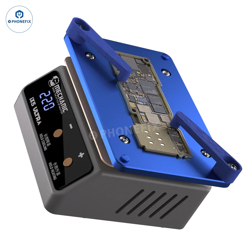 PHONEFIX Mechanic IX5 Ultra Heating Platform for PCB welding, showing the universal PCB heating table with heating surface and control panel.