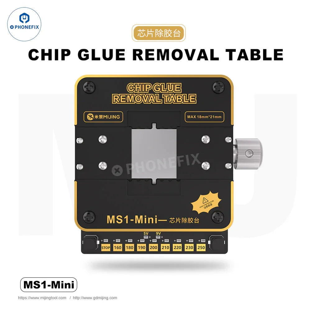 MIJING MS1-MINI PCB heating platform by PHONEFIX with chip glue removal table, featuring a compact heating surface and control panel.